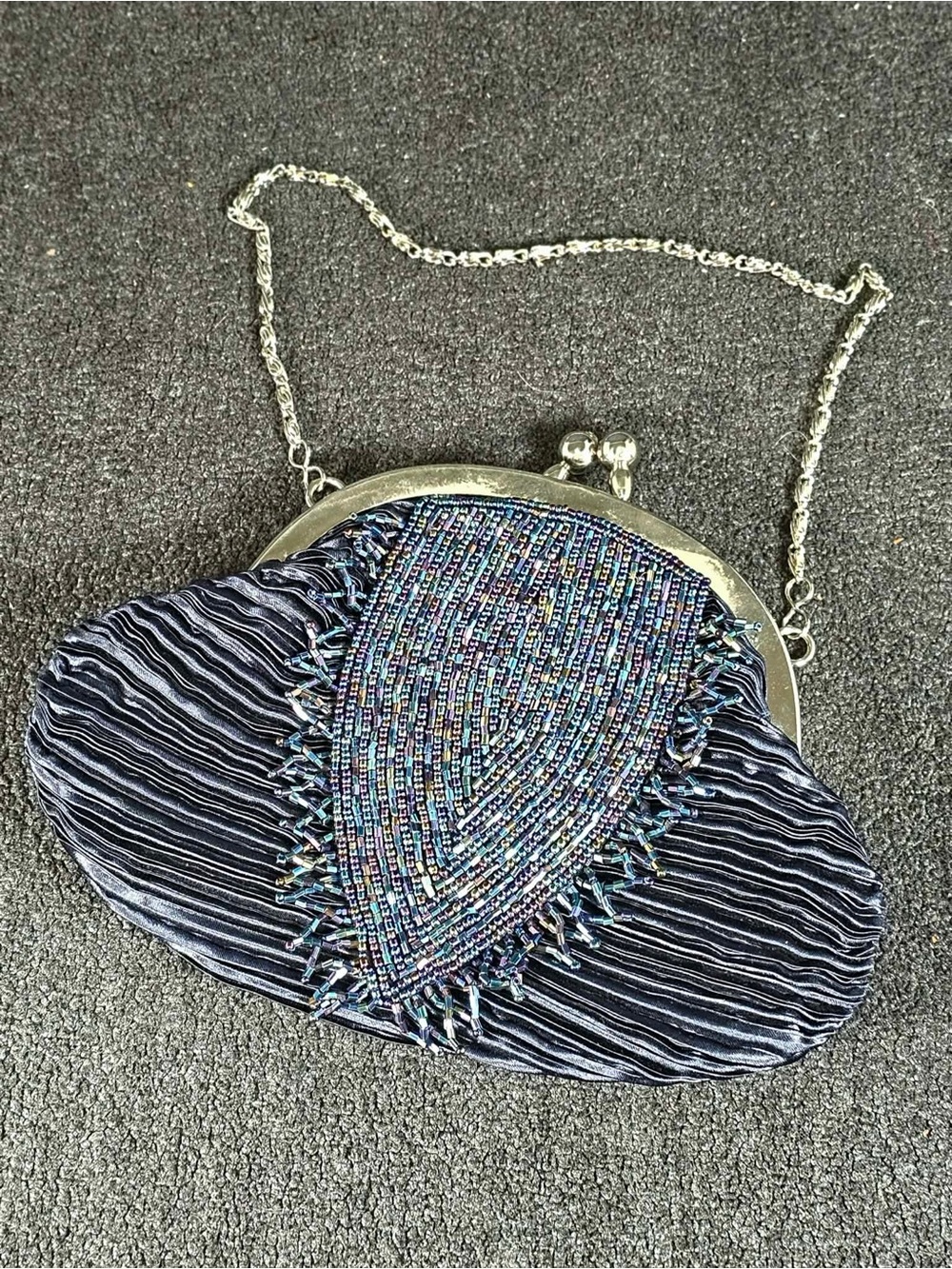 NWOT Beaded Navy Evening Clutch with silver  Frame